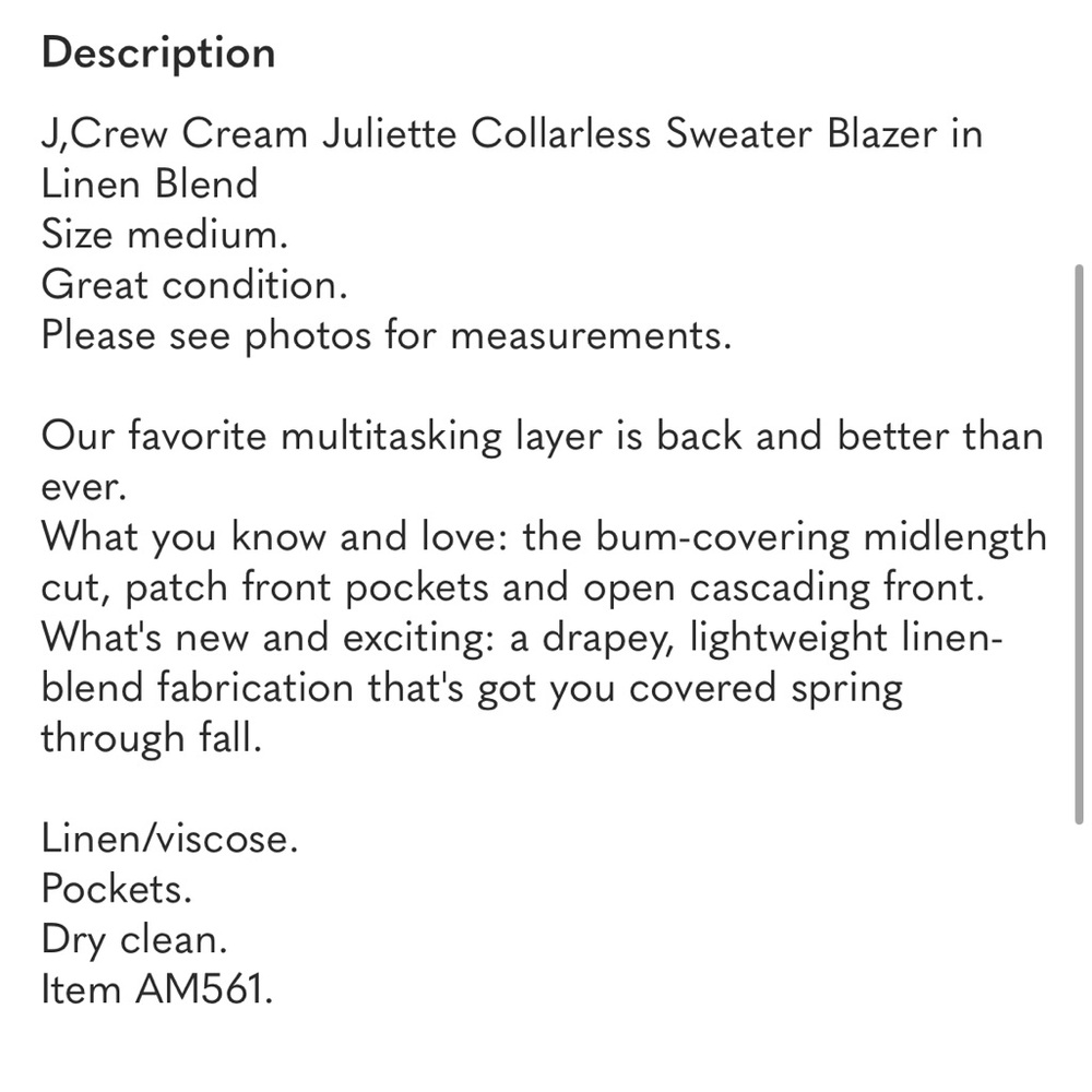 J.Crew | Juliette collarless sweater-blazer in linen blend | Cream | Size S - Picture 13 of 14